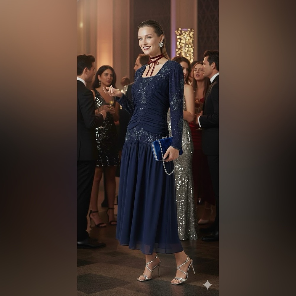 Vintage 100% Silk Navy Blue Beaded Midi Dress